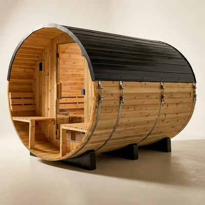 Outdoor Barrel Sauna Built for Year-Round Use, 4-6 Person Cedar, 9kW Electric Heater, Wi-Fi Control Panel