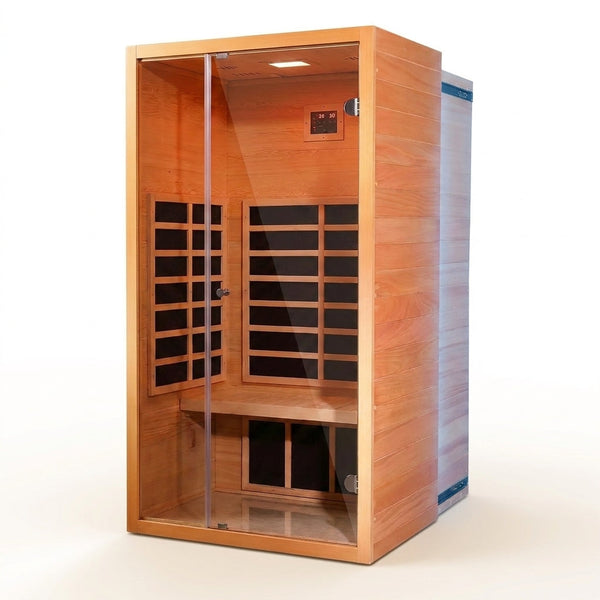 1 Person Extendable FAR Infrared Sauna for Home, Hemlock Wood Low EMF 6 Carbon Heaters Indoor Saunas with LED Lights, Bluetooth Speaker, Digital Control Panel, and Seating Bench — Studio Shot