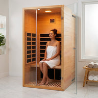 1 Person Extendable FAR Infrared Sauna for Home, Hemlock Wood Low EMF 6 Carbon Heaters Indoor Saunas with LED Lights, Bluetooth Speaker, Digital Control Panel, and Seating Bench — Lifestyle
