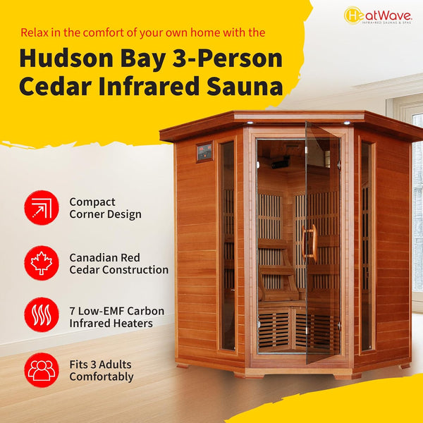 Infrared Sauna Designed for Home Wellness, 3 Person Cedar Corner, 7 Carbon Heaters, 120V Compatible