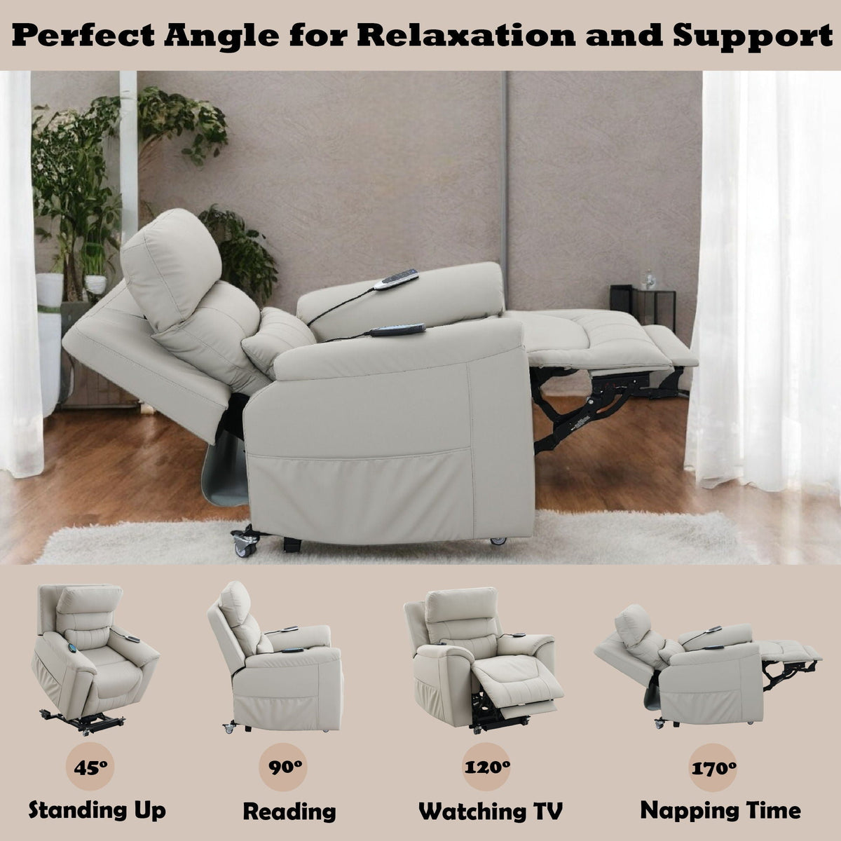 Gray recliner chair in a room with plants, showing different angles for relaxation.