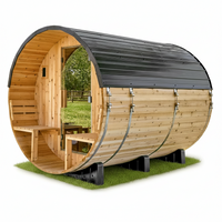 Outdoor Barrel Sauna Built for Year-Round Use, 4-6 Person Cedar, 9kW Electric Heater, Wi-Fi Control Panel
