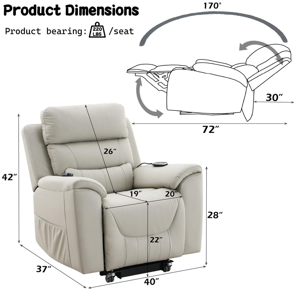 Dimensions of a beige recliner chair with measurements in inches.