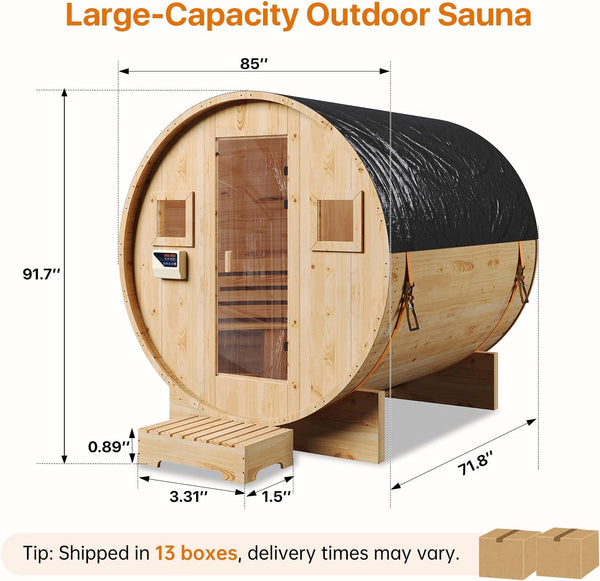 Traditional Barrel Sauna Built for Year-Round Use, 6KW Electric Heater, Solid Wood Construction, 4-6 Person