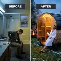 Paxton 4-6 Person Traditional Cedar Outdoor Barrel Sauna with Electric Sauna Heater, Front Porch, Sauna Rocks, Dry Heat, Steam Sauna, LED Lights, Wi-Fi Panel, Sauna Accessories — Before & After