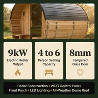 Paxton 4-6 Person Traditional Cedar Outdoor Barrel Sauna with Electric Sauna Heater, Front Porch, Sauna Rocks, Dry Heat, Steam Sauna, LED Lights, Wi-Fi Panel, Sauna Accessories — Results & Stats