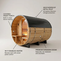 Paxton 4-6 Person Traditional Cedar Outdoor Barrel Sauna with Electric Sauna Heater, Front Porch, Sauna Rocks, Dry Heat, Steam Sauna, LED Lights, Wi-Fi Panel, Sauna Accessories — infographic