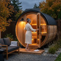 Paxton 4-6 Person Traditional Cedar Outdoor Barrel Sauna with Electric Sauna Heater, Front Porch, Sauna Rocks, Dry Heat, Steam Sauna, LED Lights, Wi-Fi Panel, Sauna Accessories — Lifestyle