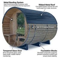 Paxton 4-6 Person Traditional Cedar Outdoor Barrel Sauna with Electric Sauna Heater, Front Porch, Sauna Rocks, Dry Heat, Steam Sauna, LED Lights, Wi-Fi Panel, Sauna Accessories — How It Works